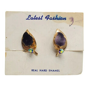 Purple Hard Enamel Rhinestone Leaf Screw Back Earrings Gold Tone Vintage